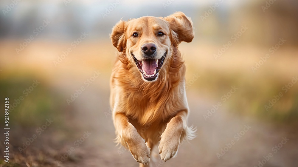 Obraz premium A golden retriever running happily towards the camera ears flapping and a big grin on its face