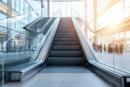 Close-up and low-angle photograph of an escalator in an airport  with a sunshine and blue color scheme  a blurry background  bokeh effect  wide-angle lens. 