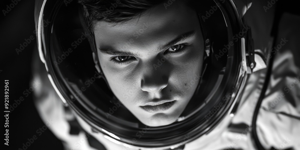 Man in Space Suit Looking at Mirror Man in Space Suit Looking at Mirror