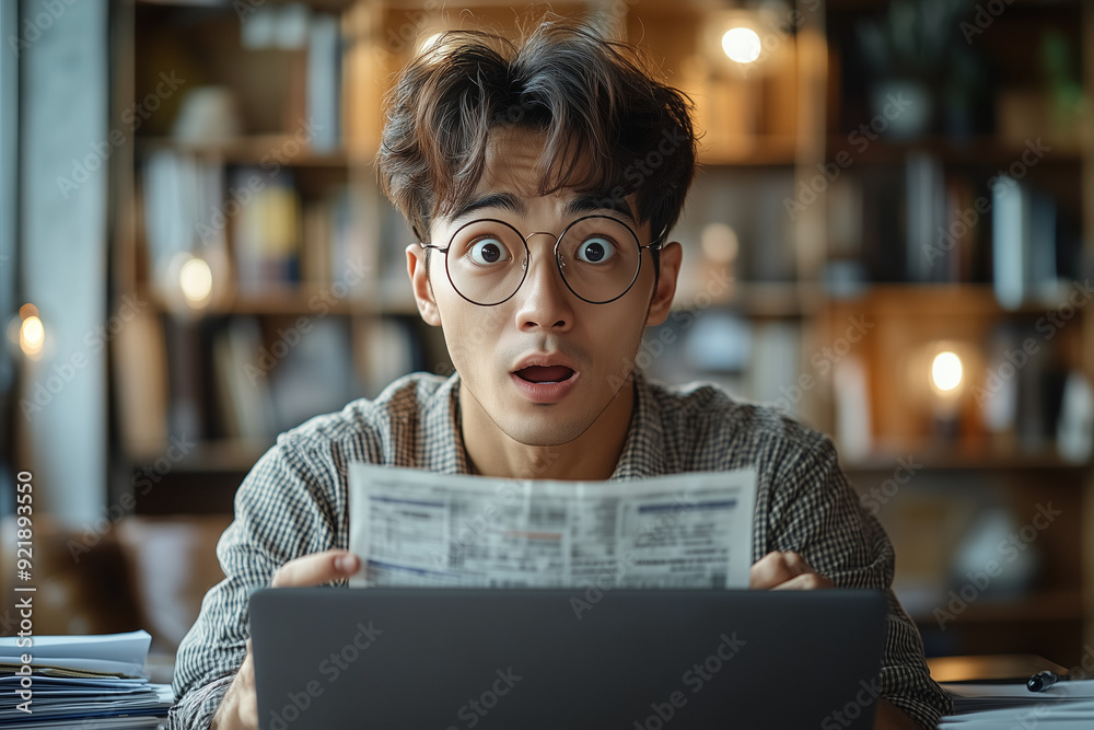 A man with glasses is looking at a newspaper with a surprised expression on his face. The scene is set in a room with a bookshelf behind him