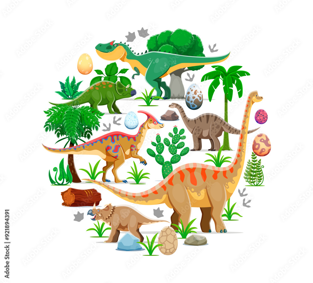 Prehistoric dinosaurs, round banner of vector jurassic dino animals, prehistoric reptile eggs, footprints, forest trees and plants. Cute cartoon brachiosaurus, allosaurus and centrosaurus dinosaurs