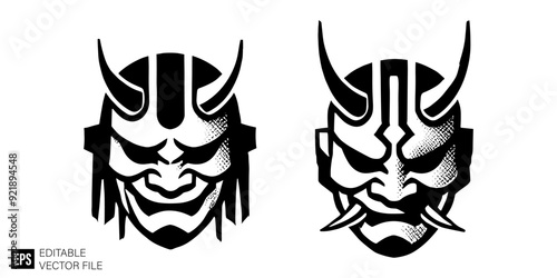 set of oni mask vector illustration black and white silhouette graphic design template