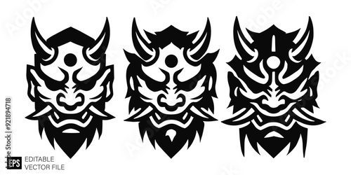 set of oni mask vector illustration black and white silhouette graphic design template