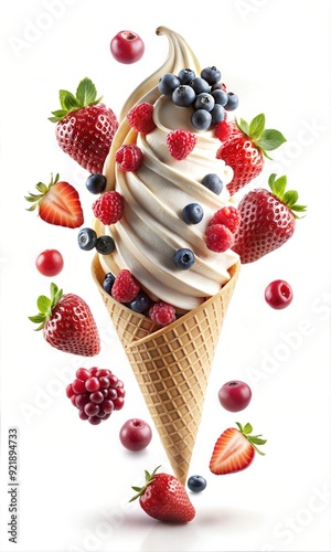Berry Medley Ice Cream Cone with Swirls and Whipped Delights with Toppings: A Cold and Creamy Frozen Dessert in a Crispy Wafer
