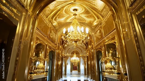 Golden luxury expenisve hallway of rich mansion or villa interior design, motion video