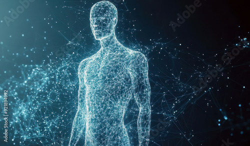 Futuristic digital human figure composed of interconnected points and lines on a dark blue background. Concept of technology and connectivity