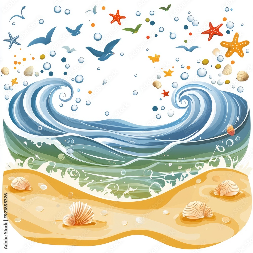 Ocean Wave Illustration with Sea Shells and Starfish Ocean Wave Illustration with Sea Shells and Starfish