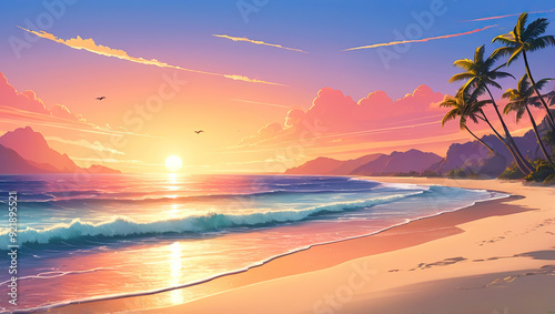 Beautiful sunset over a tropical beach with palm trees and birds.