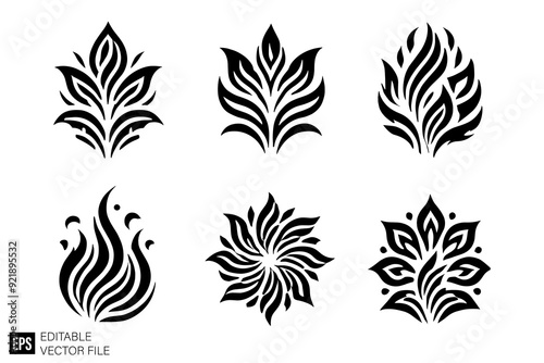 set of flower tribal flame tattoo vector illustration black and white silhouette graphic design template