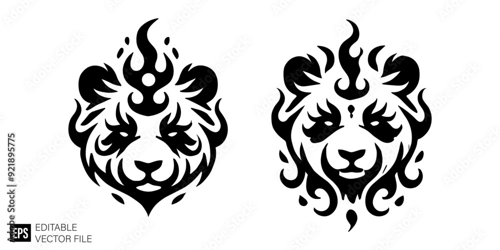 set of tribal flame panda head vector illustration black and white silhouette graphic design template set of tribal flame panda head vector illustration black and white silhouette graphic design template