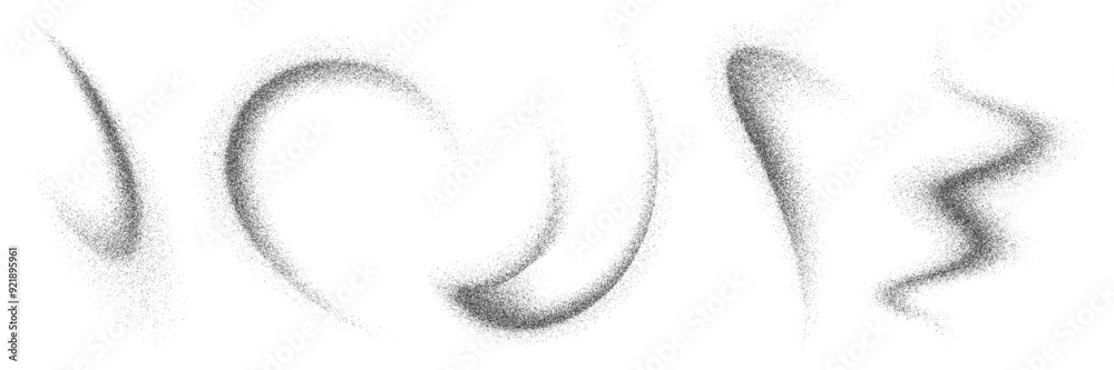 Noise grain wave spray, sand and dust paint brush. Vector set of abstract black grainy dynamic and flowing texture, created by sprayed sand and dust paint brush strokes. Grunge dotwork elements