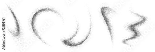 Noise grain wave spray, sand and dust paint brush. Vector set of abstract black grainy dynamic and flowing texture, created by sprayed sand and dust paint brush strokes. Grunge dotwork elements