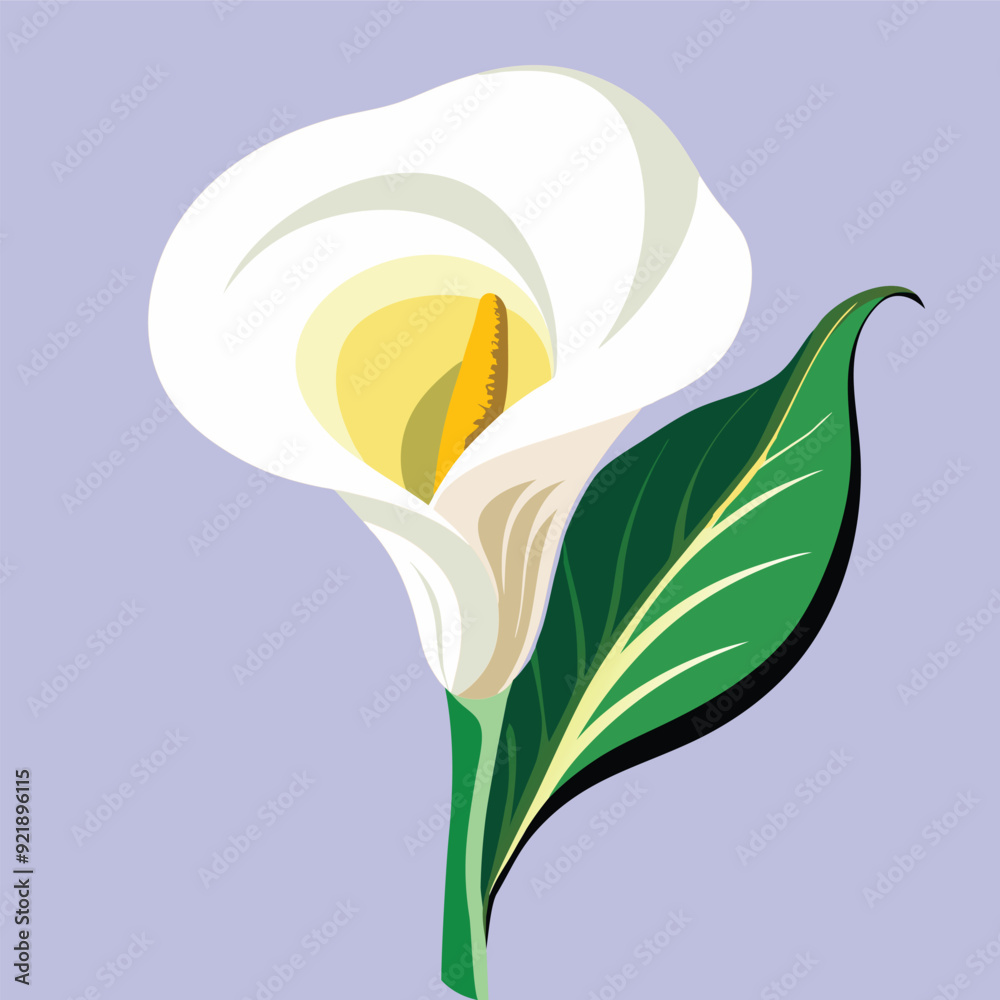 Naklejka premium Calla lily flowers are pure white, yellowish-brown stamens, and bright green leaves and stems are very beautiful.