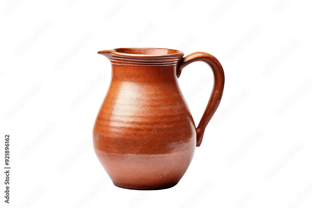 Handcrafted Terracotta Pitcher Displayed Elegantly on Rustic Wooden Table in a Sunlit Room on White or PNG Transparent Background. Handcrafted Terracotta Pitcher Displayed Elegantly on Rustic Wooden Table in a Sunlit Room on White or PNG Transparent Background.