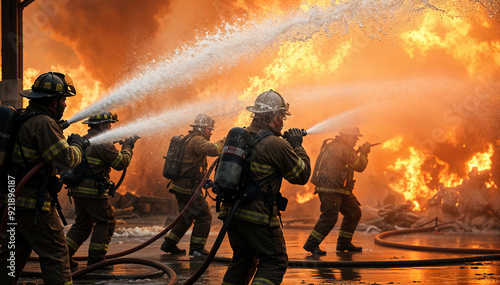 A firefighter battles a blazing fire with a pressurized hose, creating a dramatic scene with water slicing through smoke, flames, and dynamic motion.