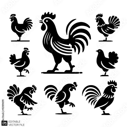 set of chicken vector illustration black and white silhouette graphic design template