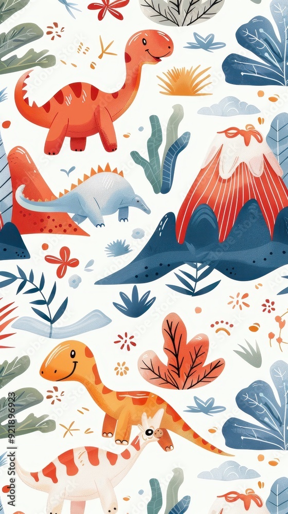 Fototapeta premium A vibrant display of various dinosaurs among trees and mountains, embodying a fun prehistoric atmosphere