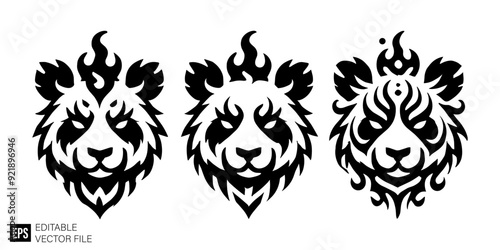 set of tribal flame panda head vector illustration black and white silhouette graphic design template