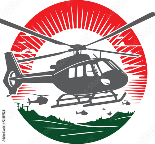Flying Helicopter design vector style on the sun background 