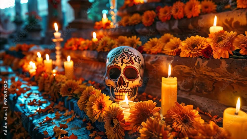 A skull on a Dia de Muertos altar with a pile of candles, surrounded by orange flowers.