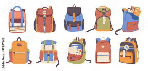 Colorful school backpacks kids bags isolated set for education stationery and study supplies