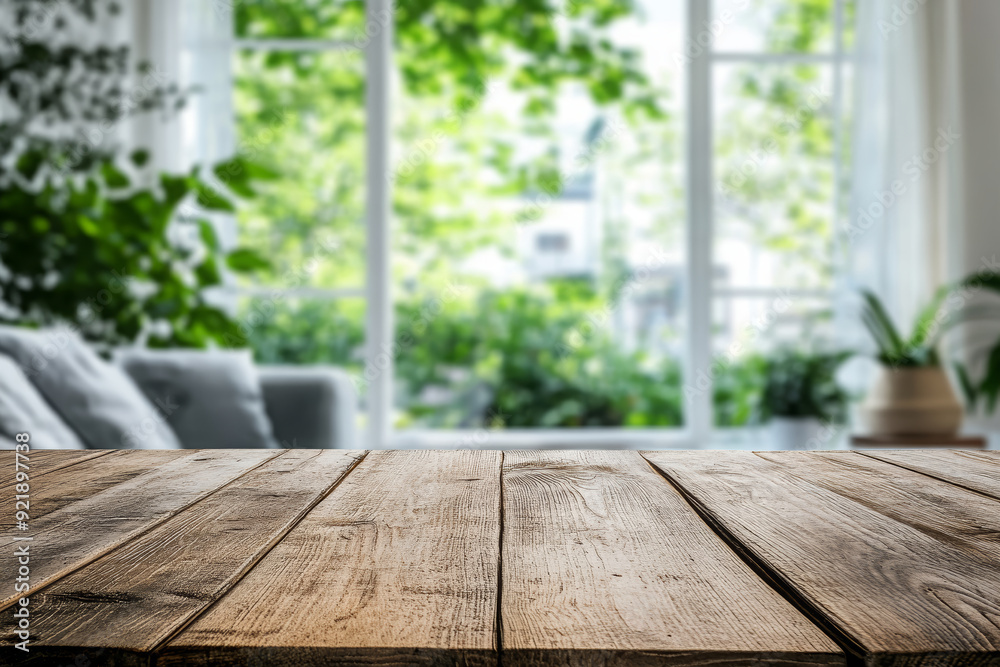 Empty wooden table top with a blurred living room interior background for product display montage, modern home decor, green plants, and a window view of a garden in springtime. Empty wooden table top with a blurred living room interior background for product display montage, modern home decor, green plants, and a window view of a garden in springtime.