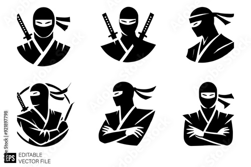 set of ninja logo vector illustration black and white silhouette graphic design template