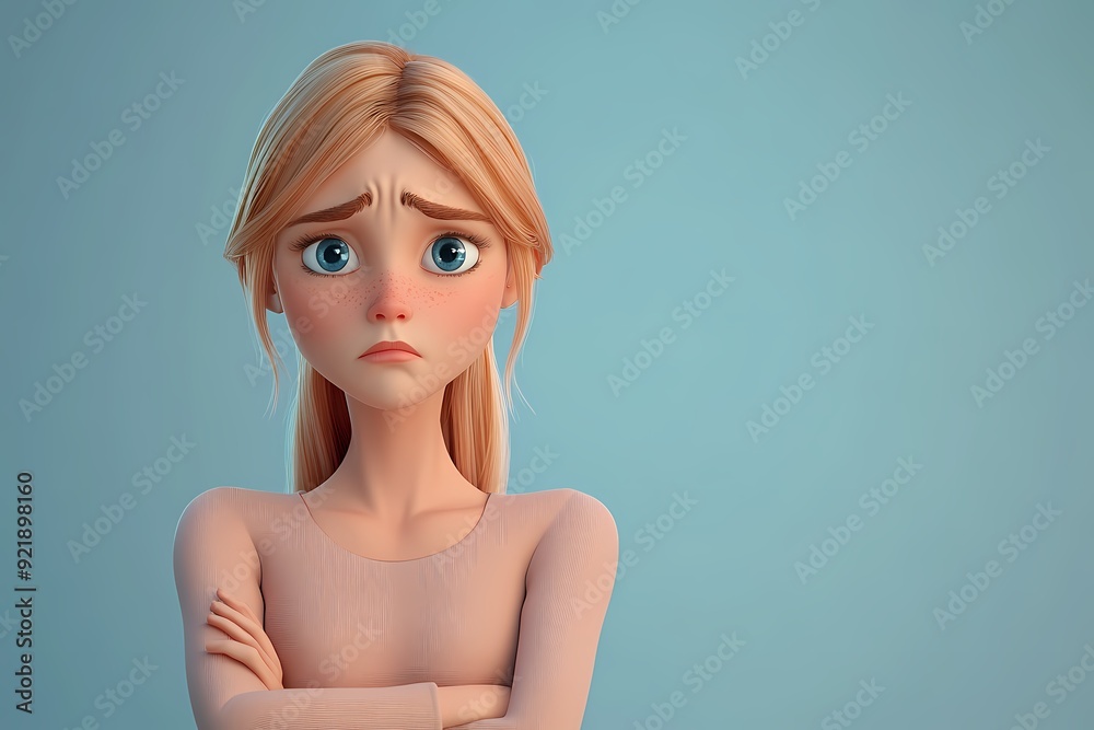 Obraz premium Thinking upset sad bored scandinavian cartoon character young adult woman girl person portrait in 3d style design on light background. Human people feelings expression concep