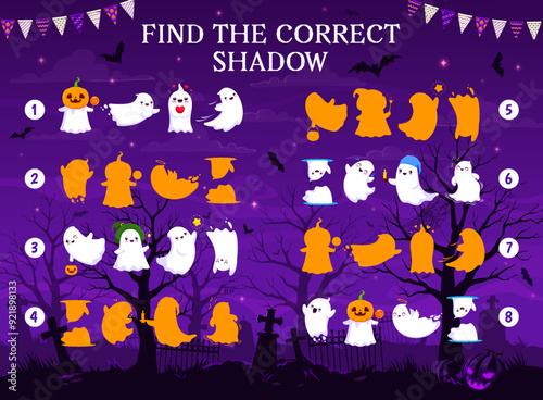 Find the correct shadow of halloween kawaii ghosts, kids game worksheet. Shadow match kids game, similarity search puzzle or vector quiz with funny kawaii ghosts personages and cemetery background