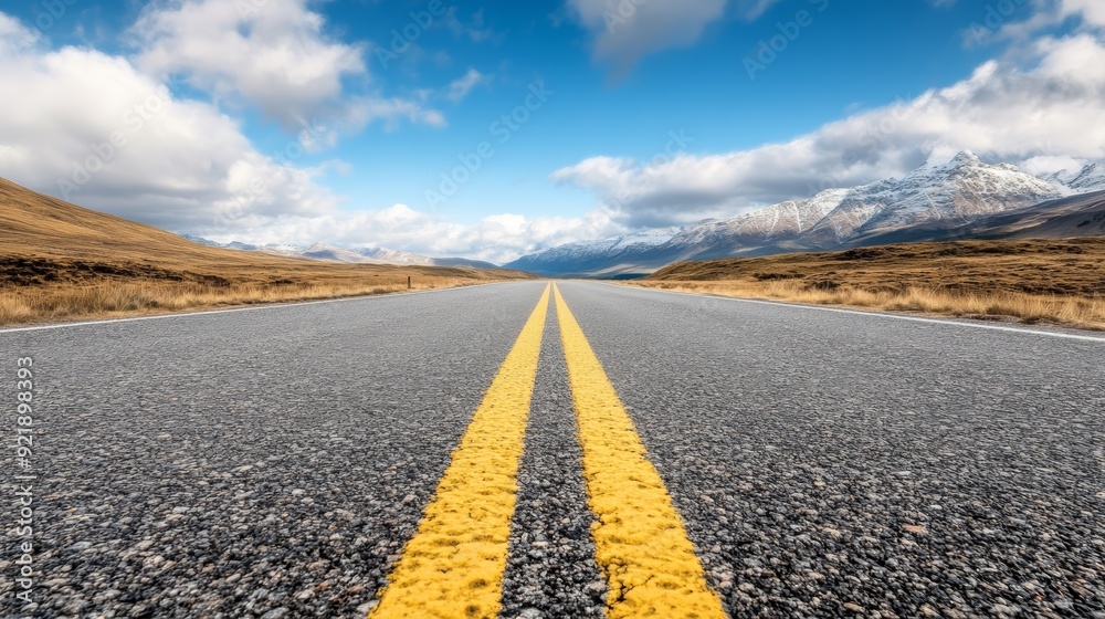 Fototapeta premium A long, straight road stretches towards snow-capped mountains under a bright blue sky. The road is lined with yellow lines and the landscape is vast and open.