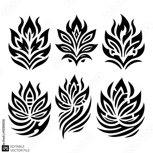 set of flower tribal flame tattoo vector illustration black and white silhouette graphic design template