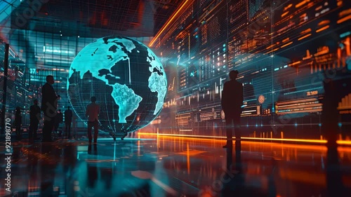 3D Data Analytics Visualization with World Globe and Businesspeople Silhouettes in Modern Tech Environment