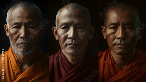 A series of close-up portraits of monks from various spiritual traditions, with serene expressions and traditional robes, captured in moments of meditation.