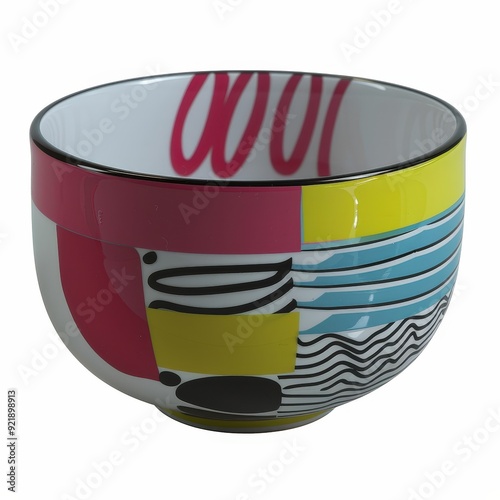 Vibrant Japanese Bowl with Exotic Patterns on White Background