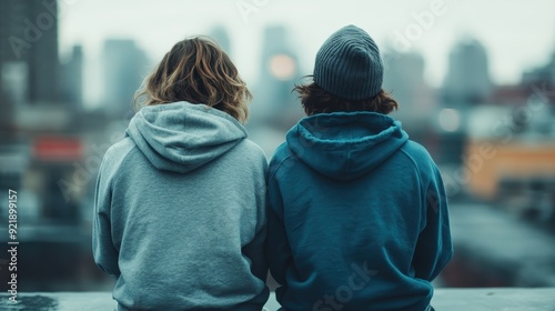 Two friends, dressed warmly in hoodies, sit side by side on a ledge overlooking a vast and misty cityscape, sharing a moment of reflection and calm. photo