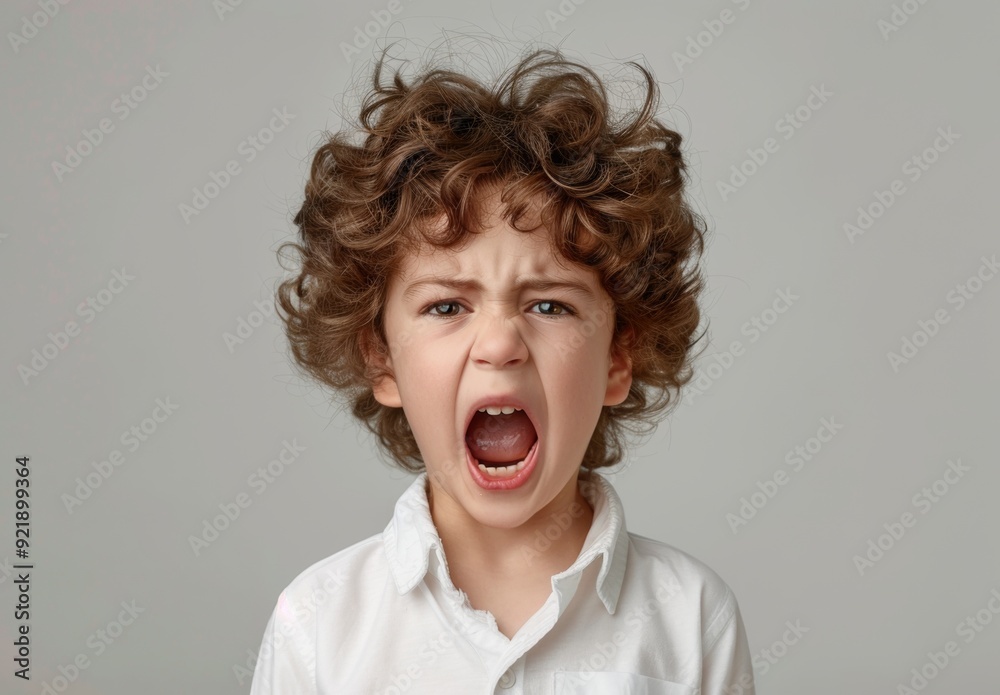 A young boy with messy hair is screaming in a white shirt A young boy with messy hair is screaming in a white shirt