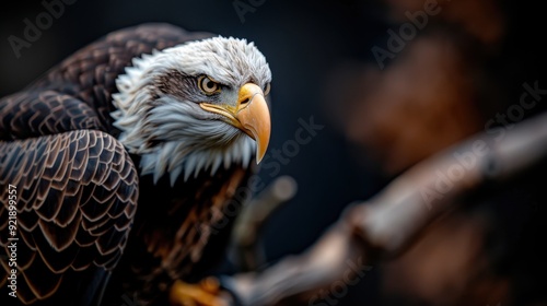 A close-up of a majestic bald eagle perched on a branch, showcasing its powerful presence and detailed features, symbolizing strength, freedom, and the beauty of nature.