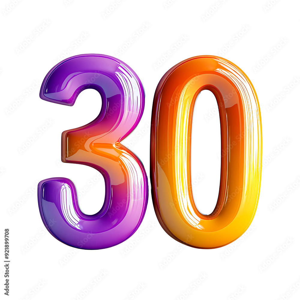 Vibrant 3D Number 30 in purple and orange colors isolated on transparency PNG background, suitable for birthday invitations, anniversary celebrations, milestone events, social media graphics Vibrant 3D Number 30 in purple and orange colors isolated on transparency PNG background, suitable for birthday invitations, anniversary celebrations, milestone events, social media graphics