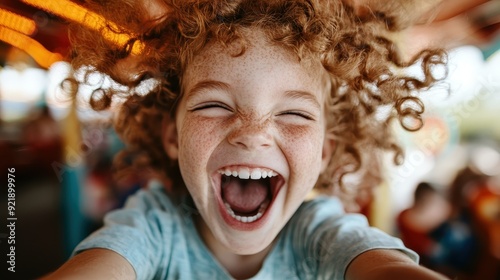 A close-up image of a child laughing heartily with curly hair, showcasing the uninhibited joy and innocence associated with childhood moments.