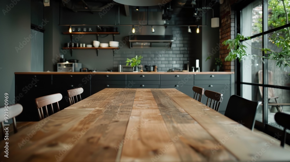 A stylish rustic kitchen showcasing a large wooden table, modern lighting fixtures, and a sleek design, providing a perfect blend of traditional and contemporary elements. A stylish rustic kitchen showcasing a large wooden table, modern lighting fixtures, and a sleek design, providing a perfect blend of traditional and contemporary elements.