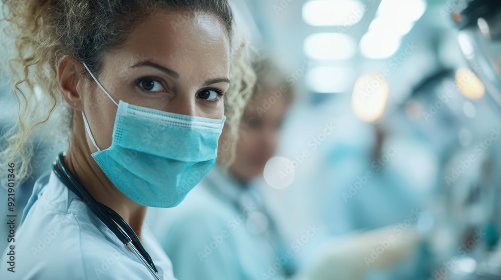 A female surgeon in an operating room, wearing a mask and scrubs, with a serious expression, highlighting her focus and dedication to performing a medical procedure.