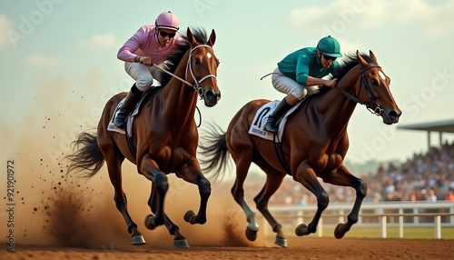 Competitive horse racers approaching on a race track, showcasing an intense racing scene.