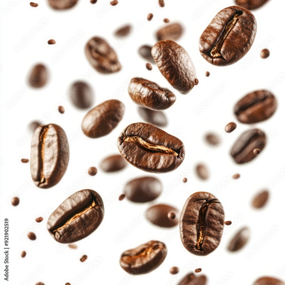 Close up of Coffee beans in the air on an isolated white background Close up of Coffee beans in the air on an isolated white background