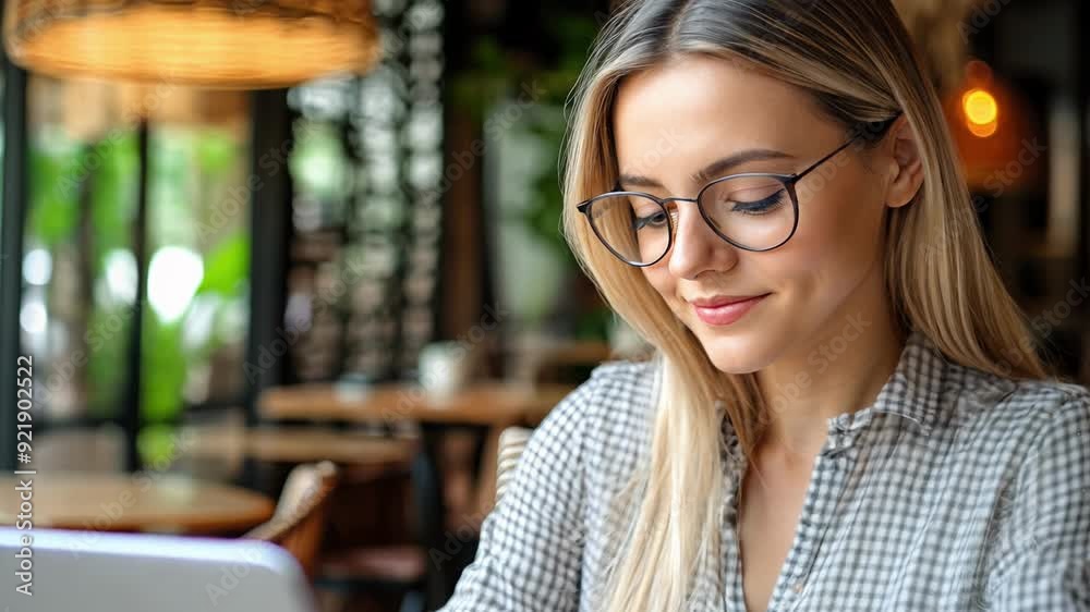 A woman is sitting at a table with a laptop in front of her. She is wearing glasses and has blonde hair. She is focused on her work, possibly typing or browsing the internet