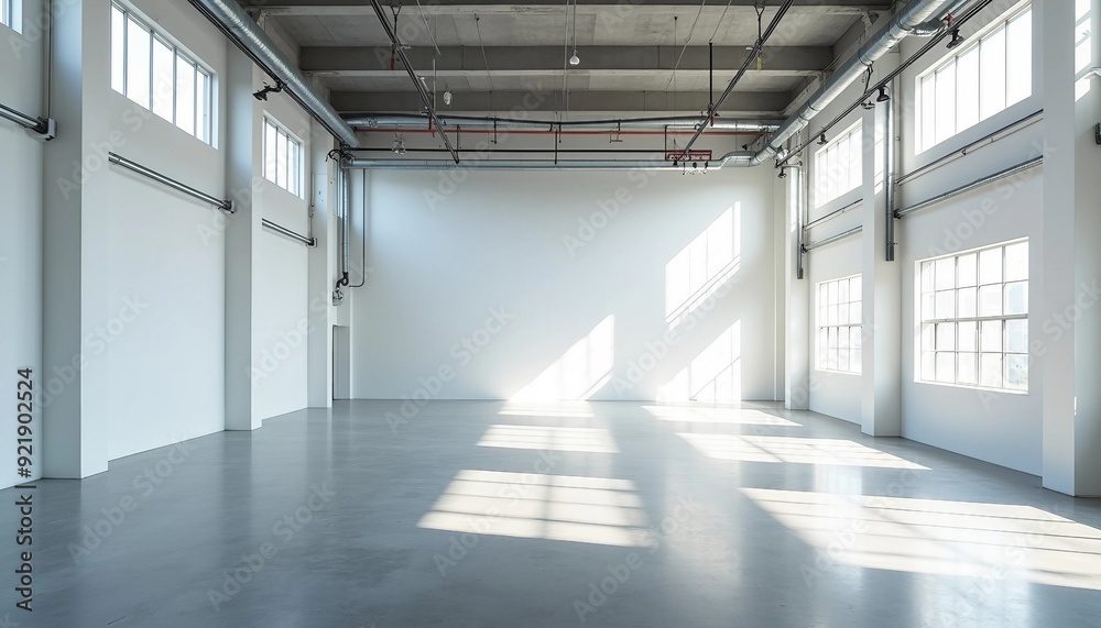 Inside a vast, empty factory, soft white tones and industrial pipes create an airy ambiance, with light reflecting off the shiny floor. Inside a vast, empty factory, soft white tones and industrial pipes create an airy ambiance, with light reflecting off the shiny floor.