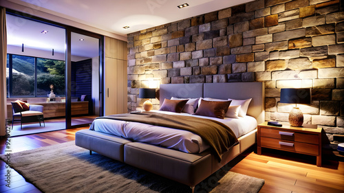 create an image of a modern bedroom featuring