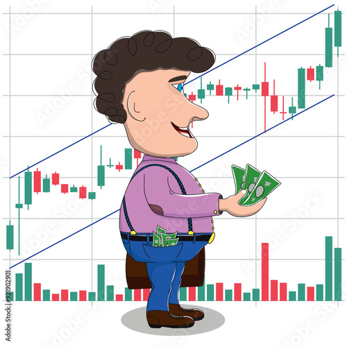 An image of a man with a fan of money in his hands and pockets against the background of a growing financial schedule.