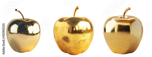 3D golden apple against, on isolated transparent background