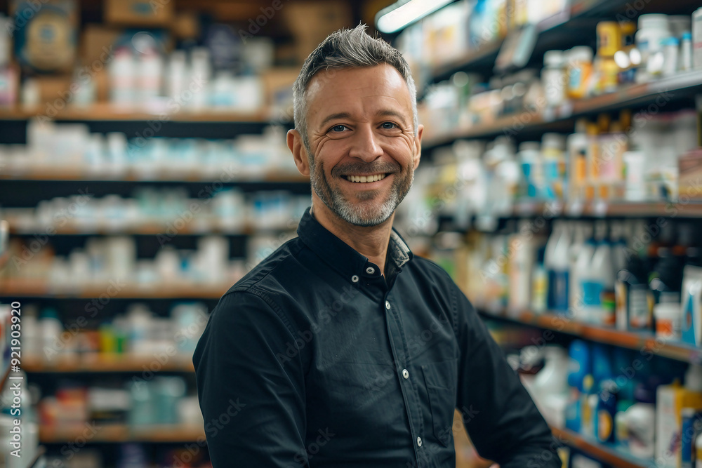 Photo of smiling pharmacist on the background of shelves with medicines generative AI Photo of smiling pharmacist on the background of shelves with medicines generative AI