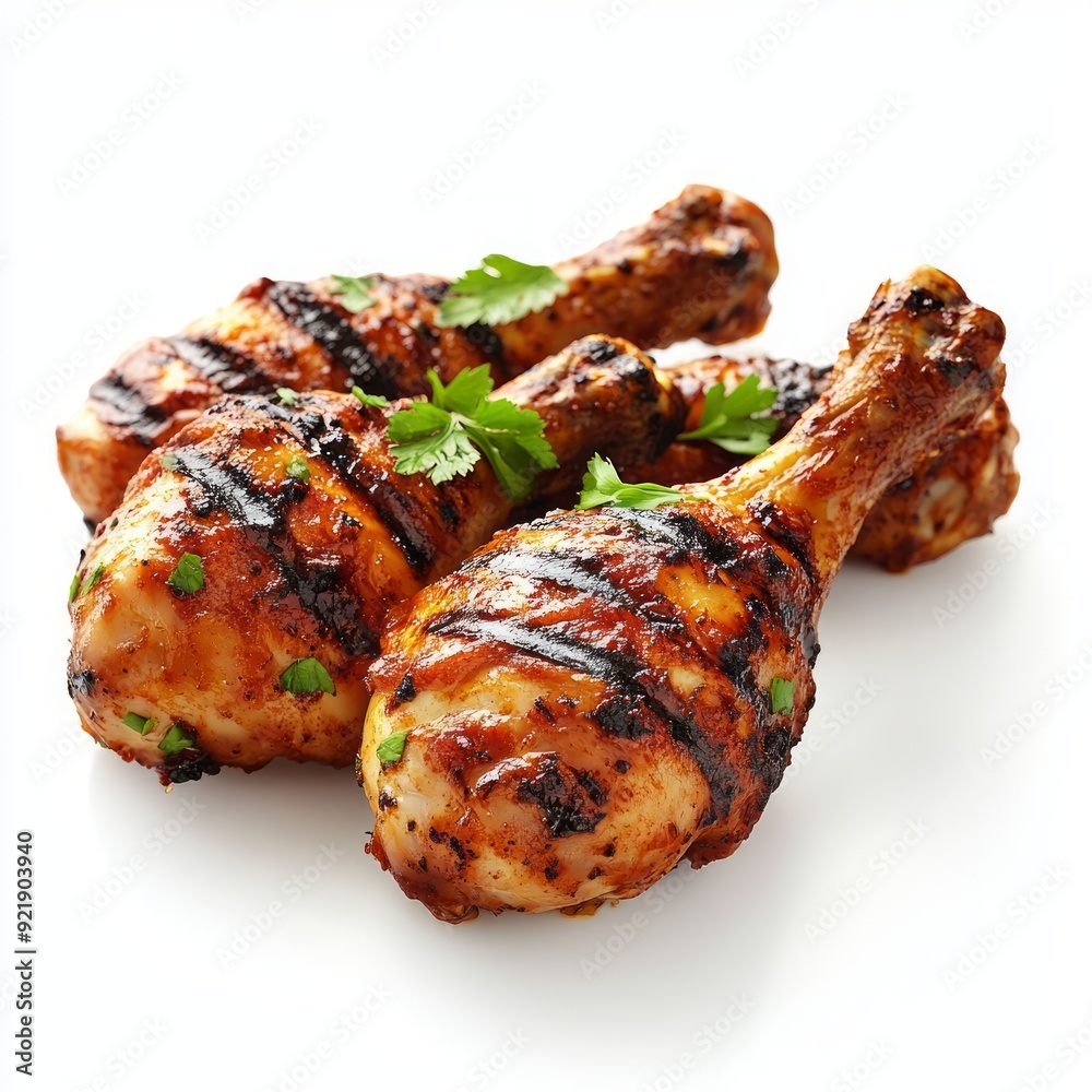 Close up of BBQ Grilled chicken drumsticks on an isolated white background Close up of BBQ Grilled chicken drumsticks on an isolated white background
